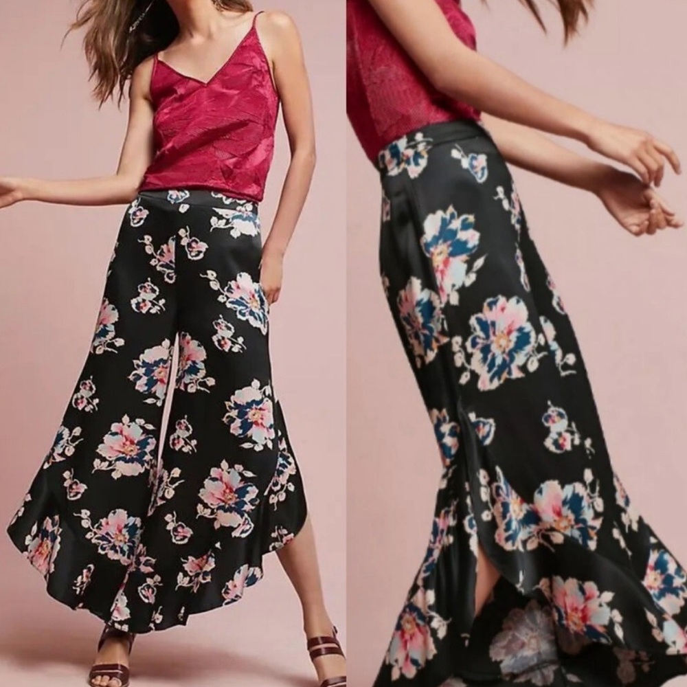 Anthropologie Elevenses Tansy Black Satin Floral Ruffle Pants Size US 2